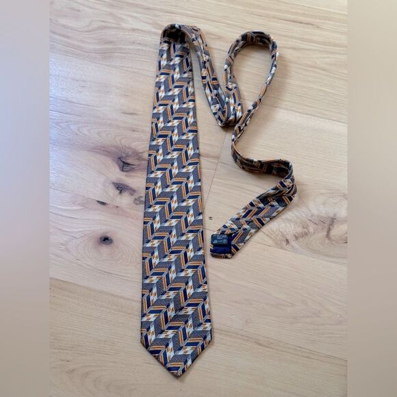 Vintage Brocade ERMENEGILDO ZEGNA Navy Orange Chevron Men's Silk Luxury Neck Tie